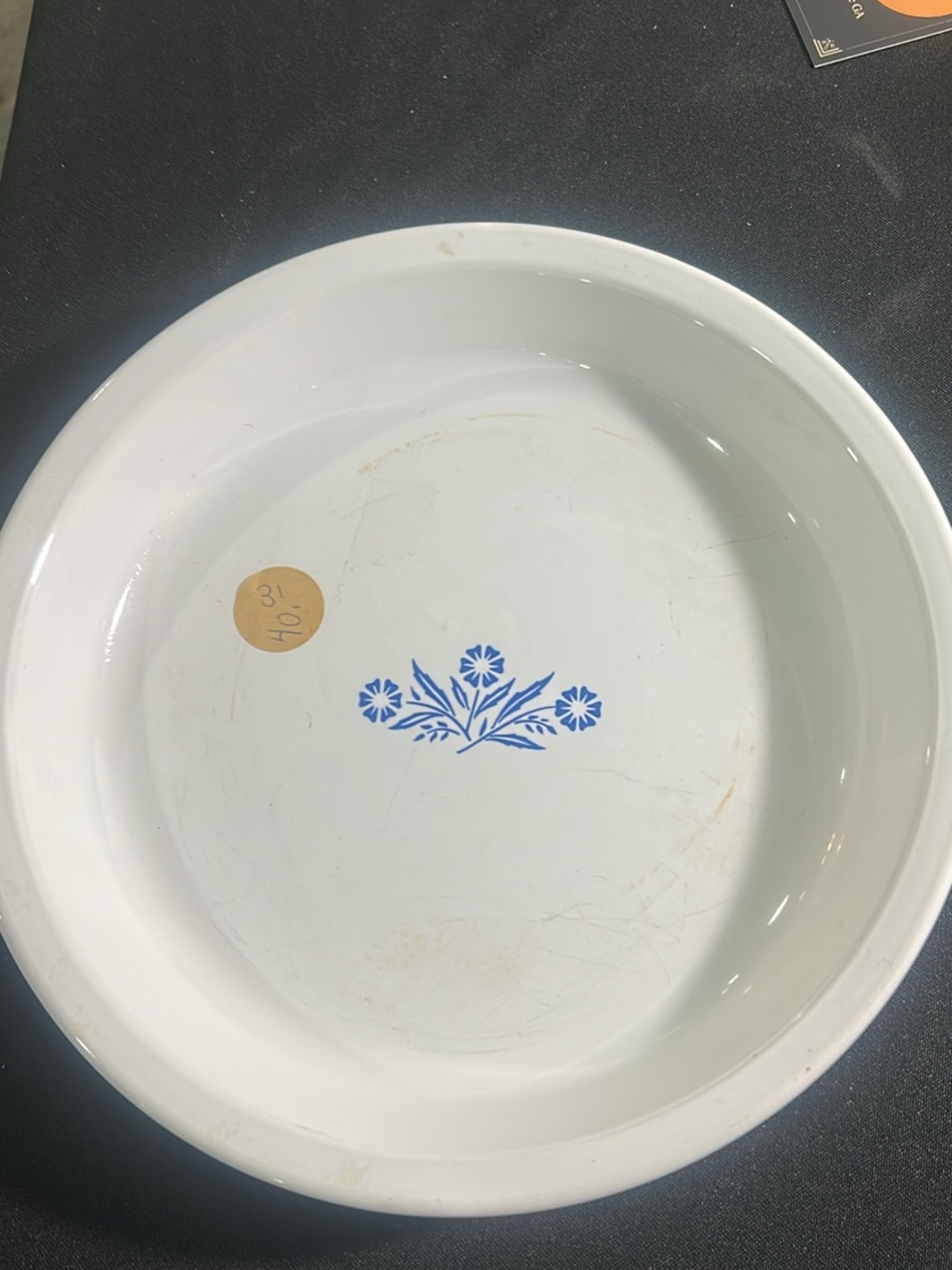 Corningware pie plate with Blue Logo and Floral Marking